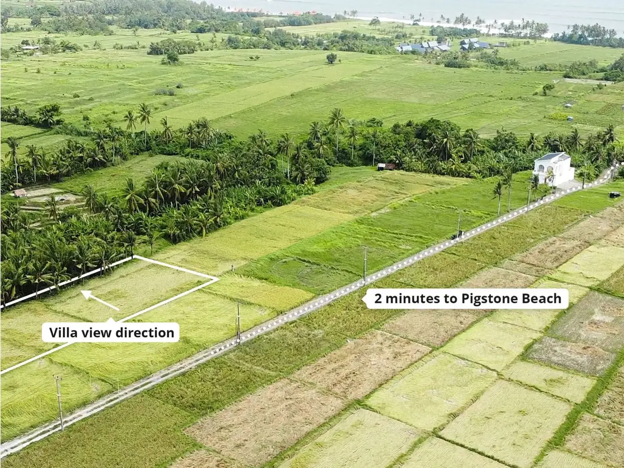 Drone view over the rice fields at Kedungu towards the coast, with the plot outlined in white and two labels printed on the image: "Villa view direction" and "2 minutes to Pigstone Beach"