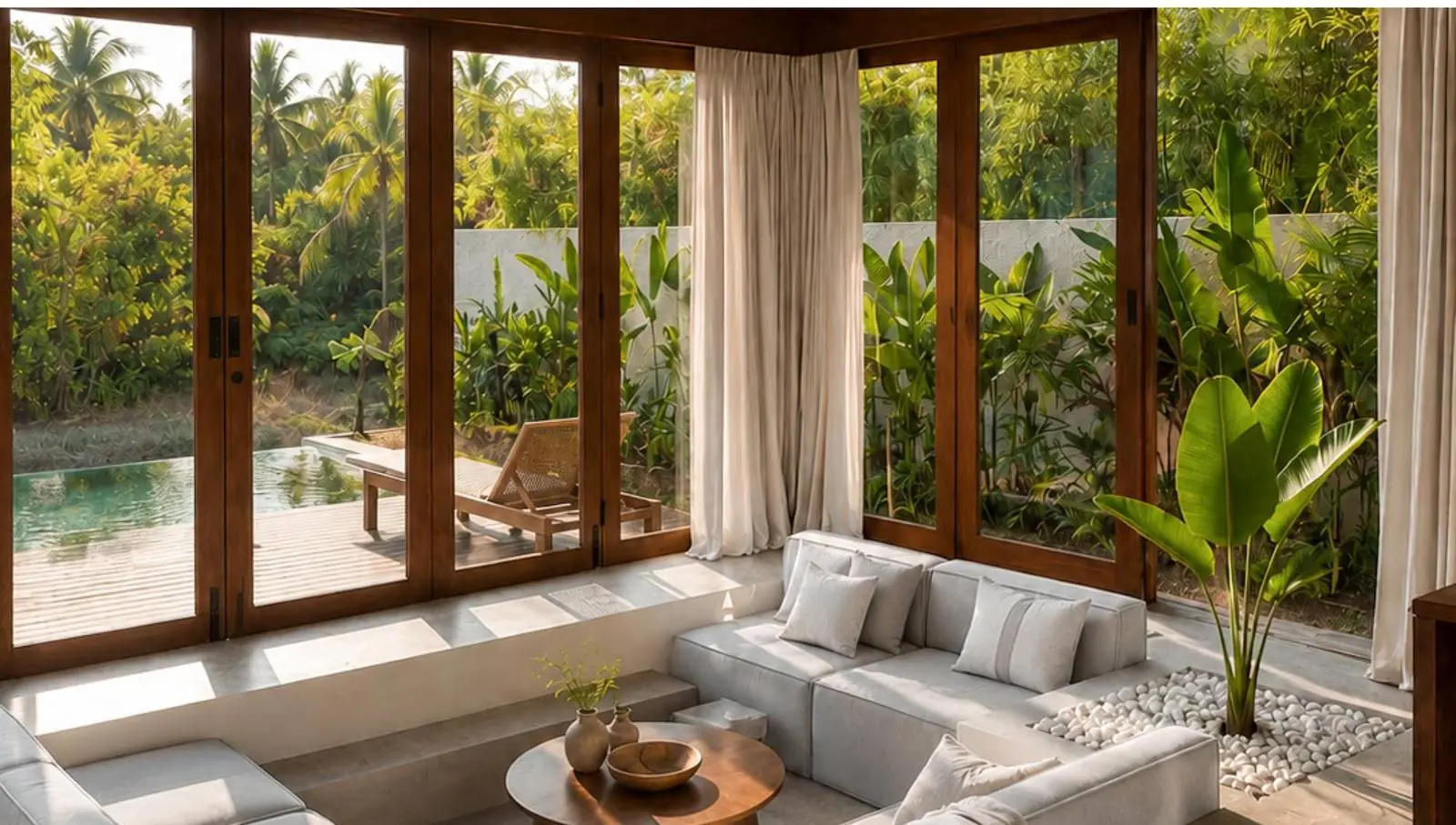 The double-height living room of a Luxury Huts villa under its A-frame, full-height timber-framed glazing on three sides looking out to the pool and the palms