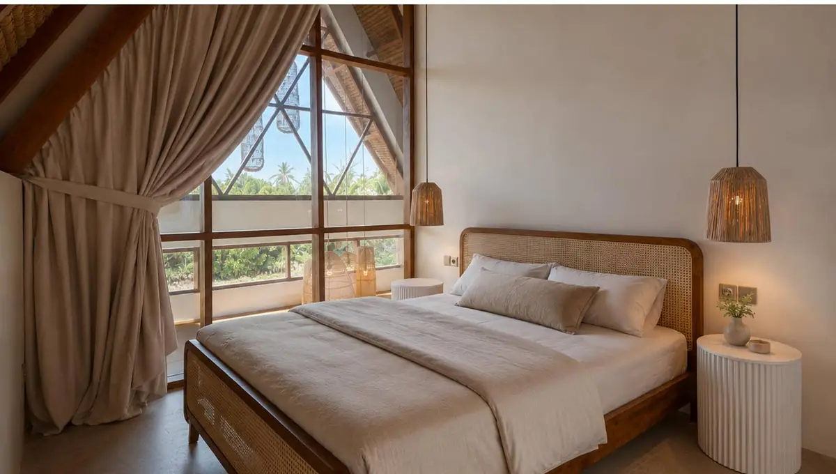 A bedroom under the pitched roof, timber bed frame, linen curtains and a window onto the trees