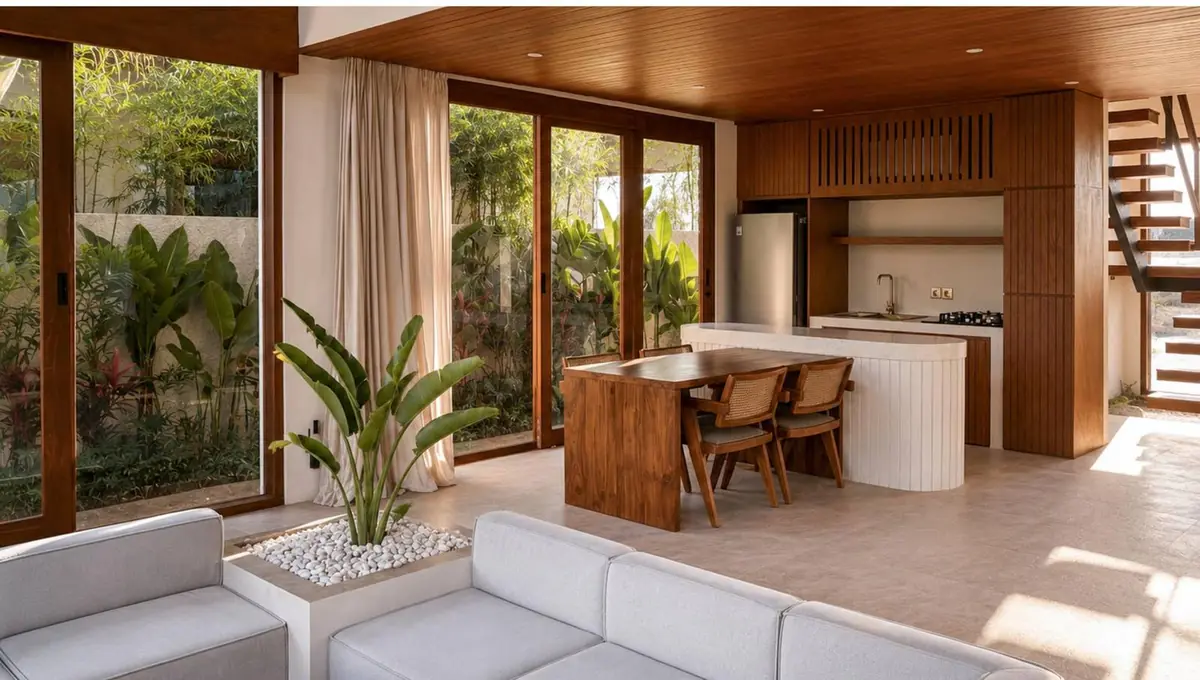The living room from the garden side, planting in a bed along the glazing and the kitchen island beyond
