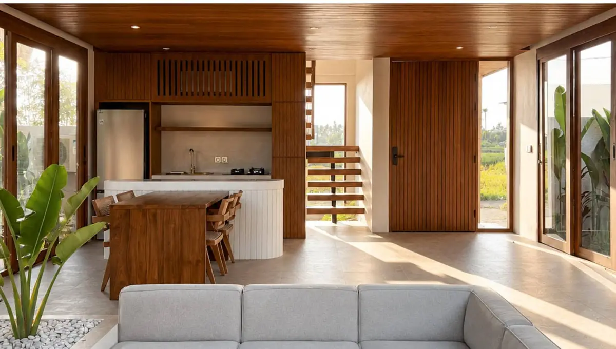 The living room looking back at the open kitchen, with the stair to the bedrooms behind it